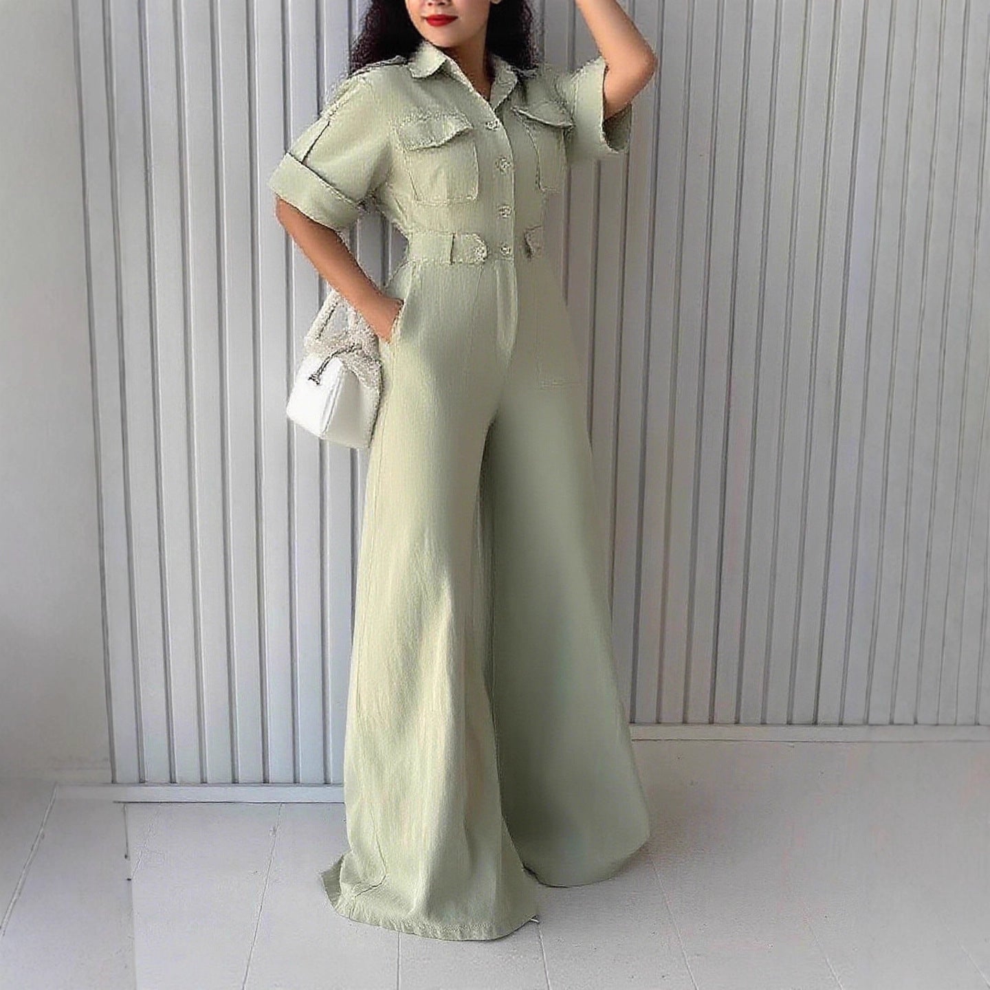 Women Clothing Jumpsuit Loose Waist Tight Slimming Wide Leg Pants Collared Overalls One Piece