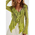 Lace V neck Shirt Women Autumn Ruffles Cardigan Long Sleeve Short Knitted Top