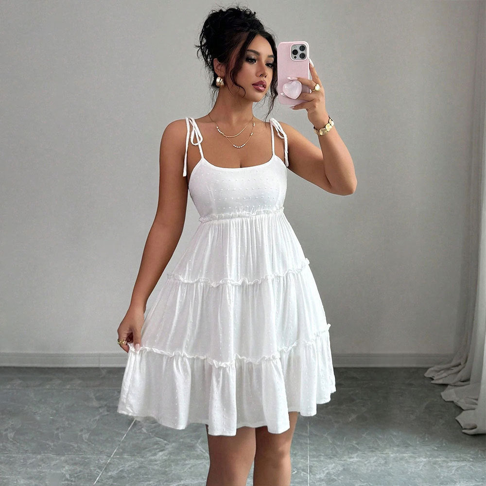 French Women Summer Short Tiered Dress Elegant Tied Suspender Dress