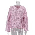 Champray Printed Loose Top V neck Long Sleeve Lace up Cardigan Shirt Women Clothing