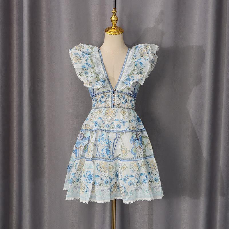 Summer Elegant Retro Fashionable Flying Sleeves Printed Deep V Plunge neck Waist Slimming Dress