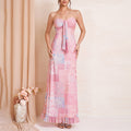 Summer Mesh Printed Dress Sexy Graceful Tube Top Lace up Backless Wooden Ear Decorative Dress