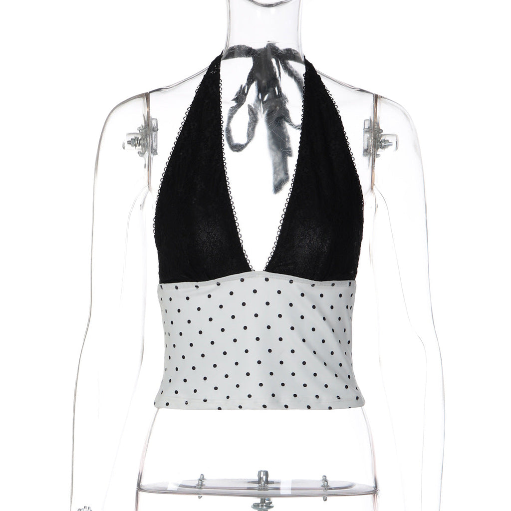 French Contrast Color V neck Halter Vest Summer Polka Dot Sexy Lace up Top