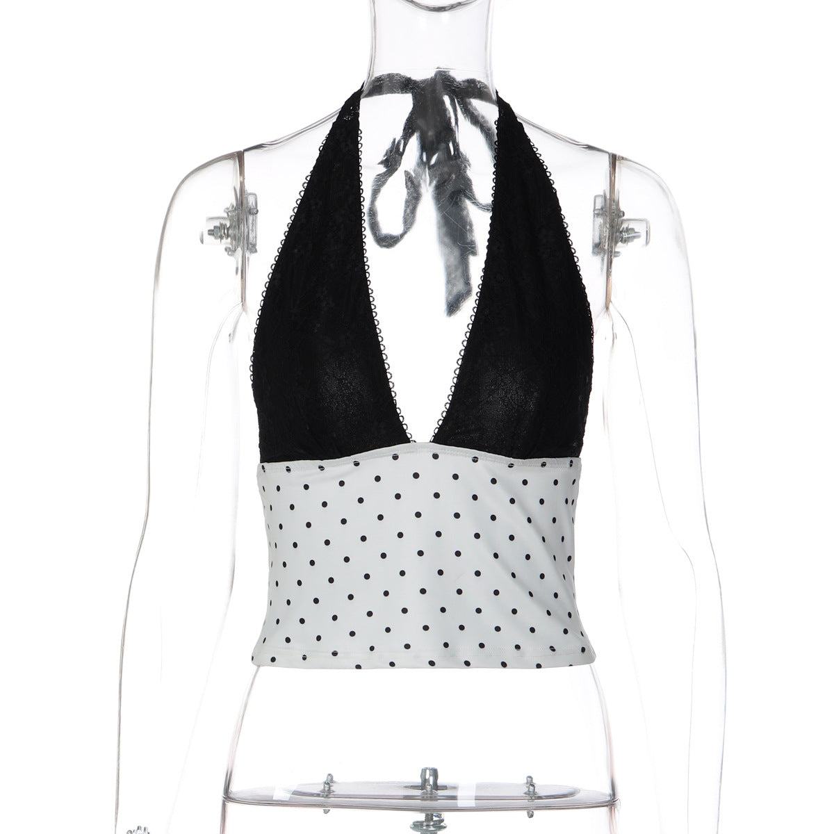 French Contrast Color V neck Halter Vest Summer Polka Dot Sexy Lace up Top