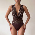 Retro Lightly Mature Polka Dot Deep V Plunge Swing Collar Sleeveless Leotard