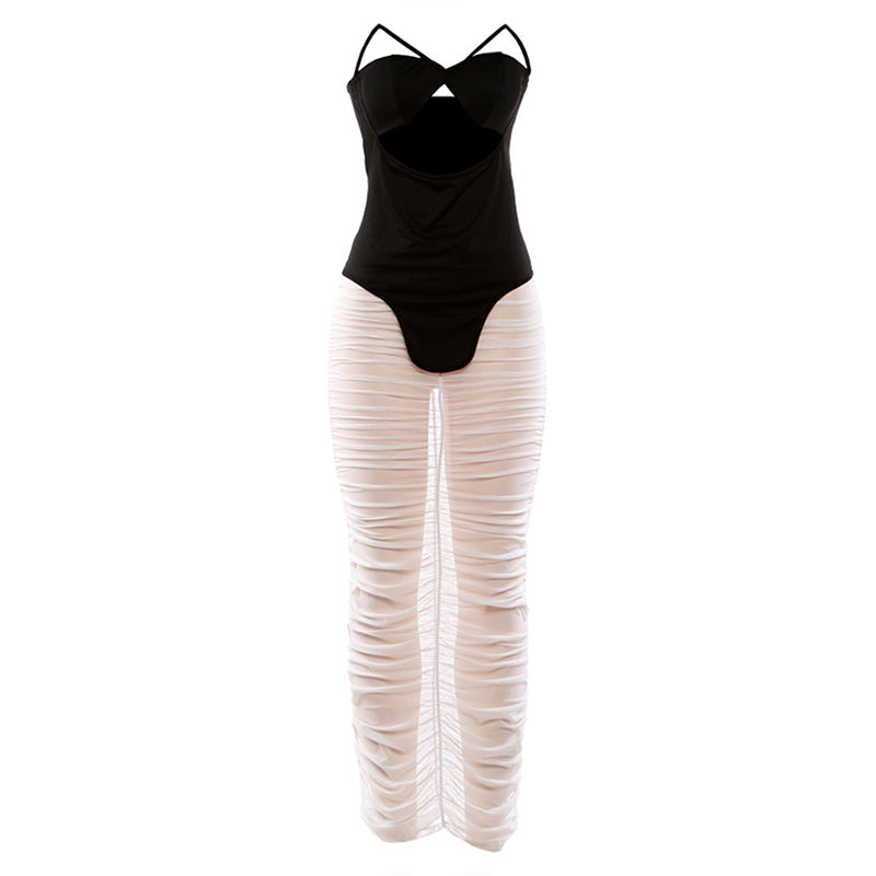 Spring Women Sexy Tube Top Hollow Out Cutout out Top Solid Color Pleated Transparent Skirt Two Piece Sets