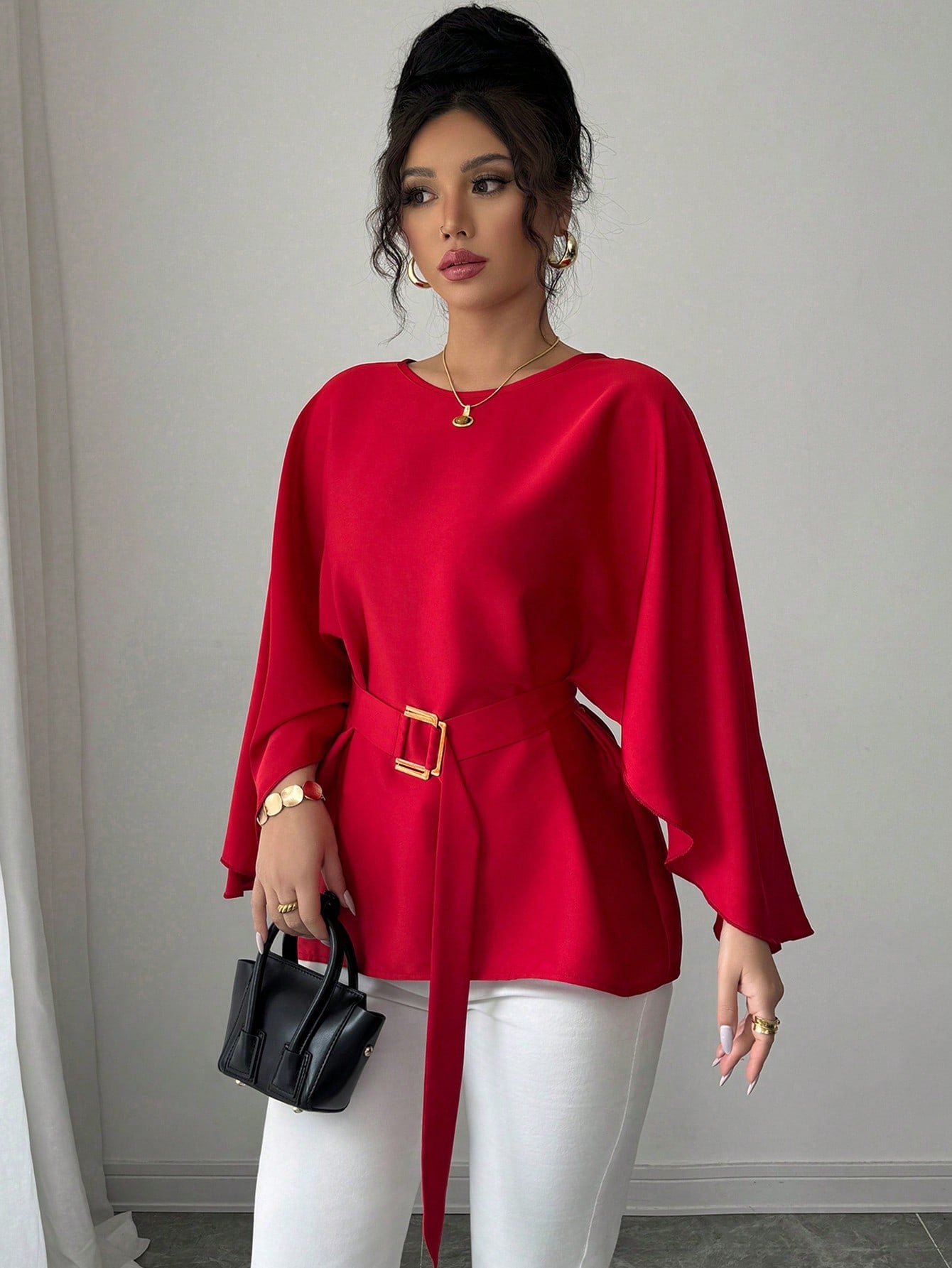 French Retro Trumpet Sleeve Round Neck Elegant Slimming Sense Design Top