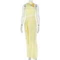 All Matching Graceful Women Pleated Slim Fit Sheath Dress Diagonal Collar Sleeveless Solid Color Dress