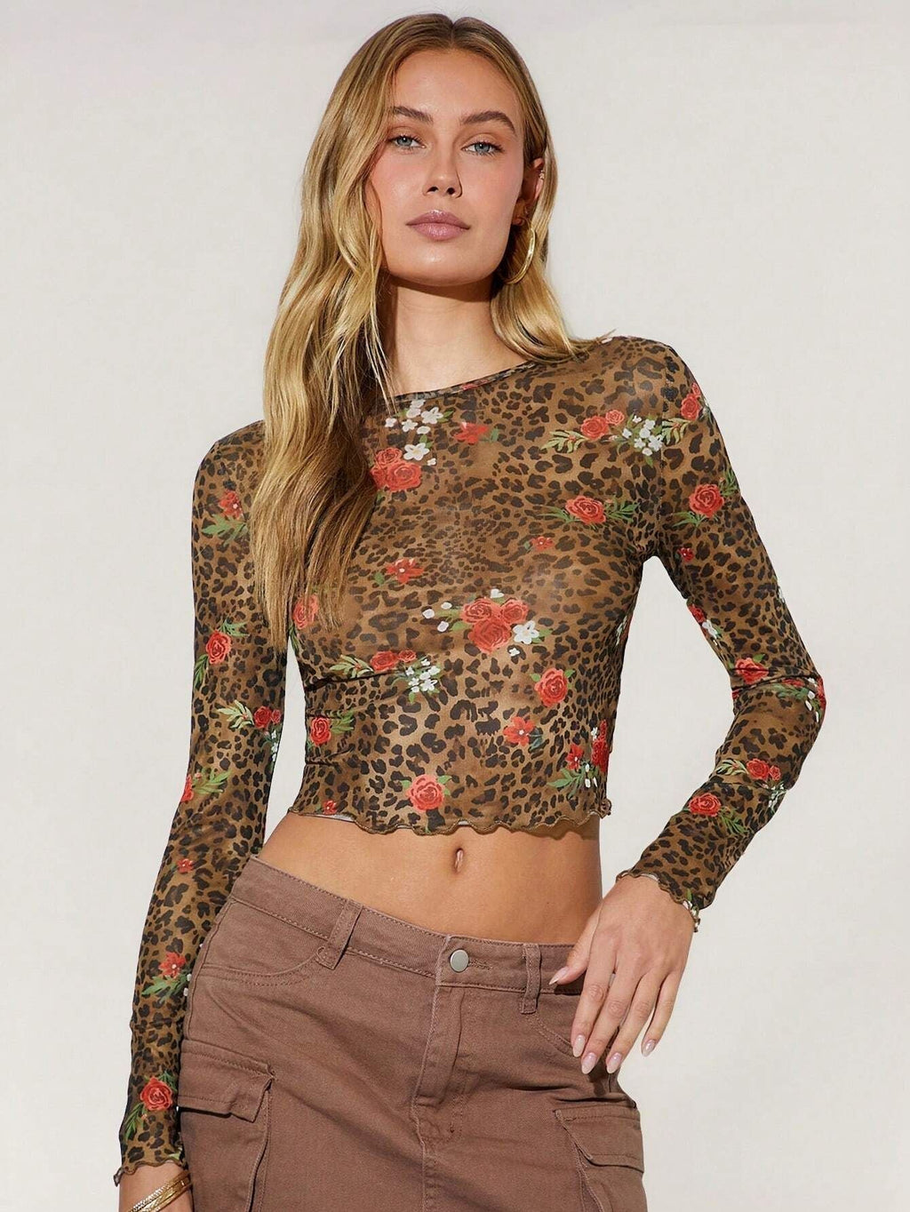 Spring Women Leopard Print Floral Printed Mesh round Neck Short Long Sleeved T shirt Top