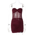 Women Clothing Sexy Mesh Stitching Hollow Out Cutout Slim Fit Rhinestone Ruffle Hip Dress for Women