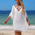 Women Clothing V neck Tassel Holiday Hollow Out Cutout Beach Dress Rose Embellished Hand Crocheting Patchwork Casual Loose Blouse
