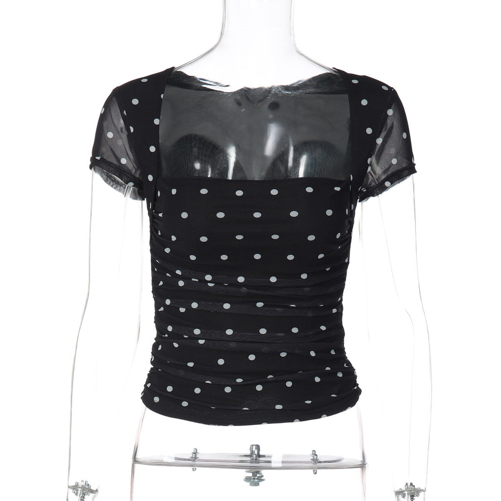 Summer Retro Sexy Polka Dot Print Tube Top Stitching Voile Short Sleeve Top for Women