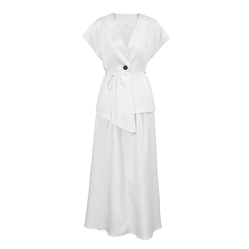 White Short Sleeved Lace up Women Design Waistcoat Mid Length White Shirt A line Skirt Two Piece Set