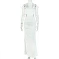 Solid Color Women Slim Fit Chest Wrapped Hip Dress Hanging Collar Sleeveless Split Evening Party Maxi Dress