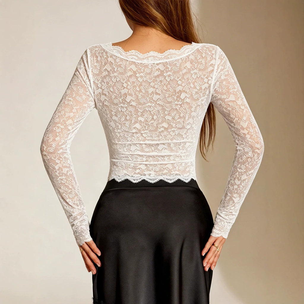 Women Lace Long Sleeved Top Sexy Mesh See through Slim Bottoming Shirt