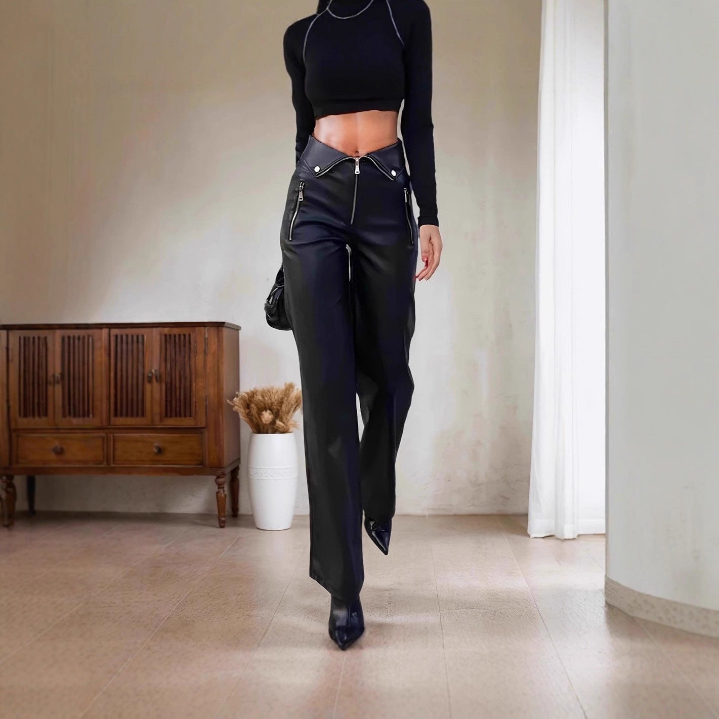 Women High Waist Trousers Faux Leather Nightclub Metal Zipper Straight Leather Pants Winter