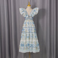 Spring Elegant Casual Women Dress High Waisted Flying Sleeves Floral Waist Slimming Dress