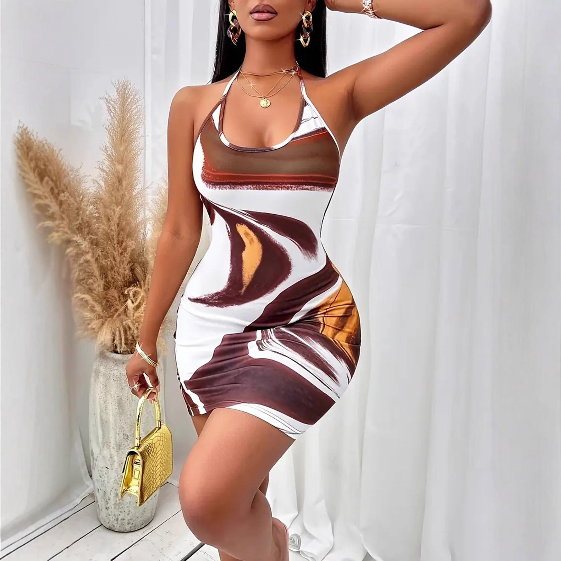 Women Clothes Printed Backless Lace up Skinny Sheath Sexy Cami Dress