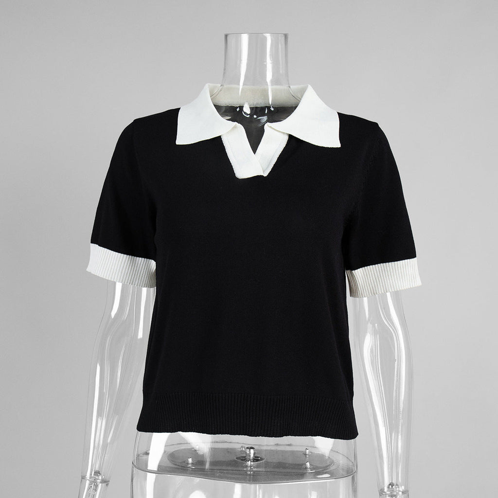 Short Sleeved Knitwear Summer Office Polo Collar Contrast Color Slim Fit Knitted Top