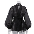 Spring French Black See through Shirt Women Puff Sleeve V neck Lace up Top