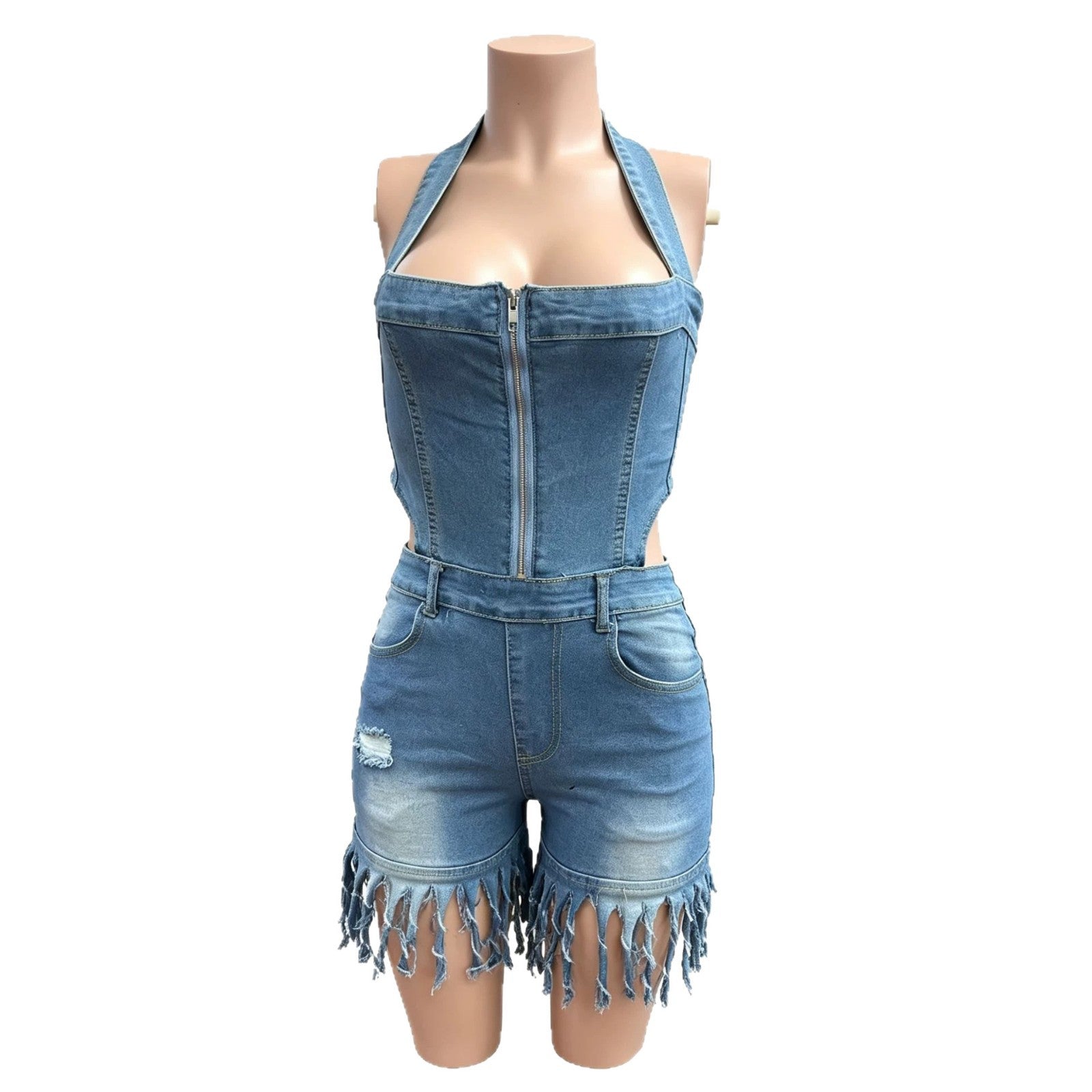 Women Clothing Arrival Denim Women Wear Slim Fit Burrs Tassel Denim Jumpsuit