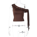 Women Clothing Summer Grommet Hole One Shoulder Diagonal Collar Ribbon Solid Color Casual T shirt Top