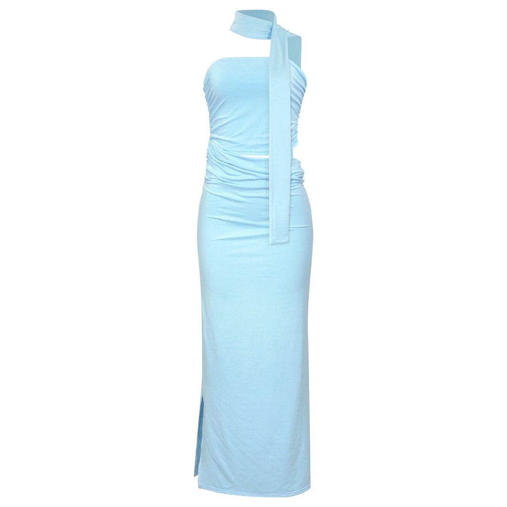 Spring Sexy Tube Top Pleated Slim Fit Sheath Personality Street Dress Long Dress