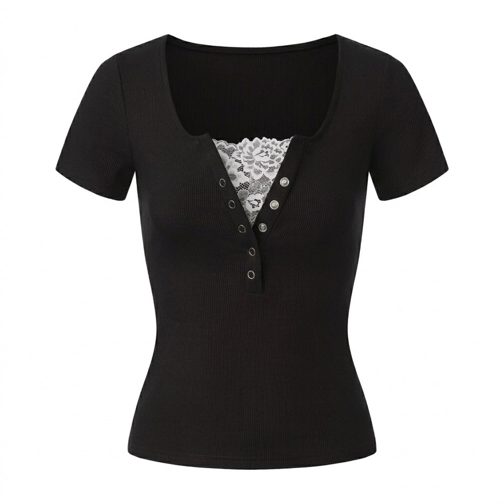 Summer Lace Stitching Sexy Solid Color Summer Short Sleeved T shirt Bottoming Shirt Women