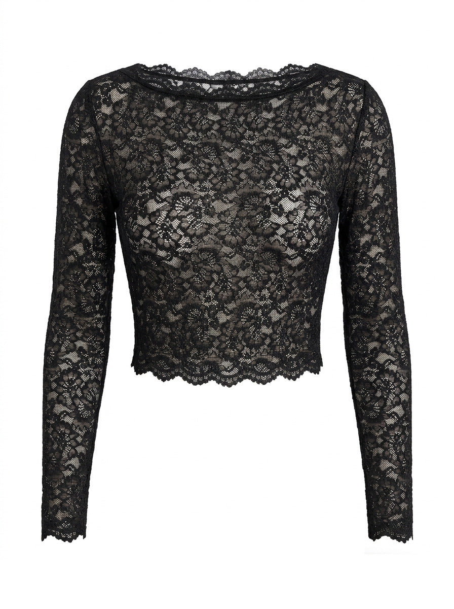 Women Lace Long Sleeved Top Sexy Mesh See through Slim Bottoming Shirt