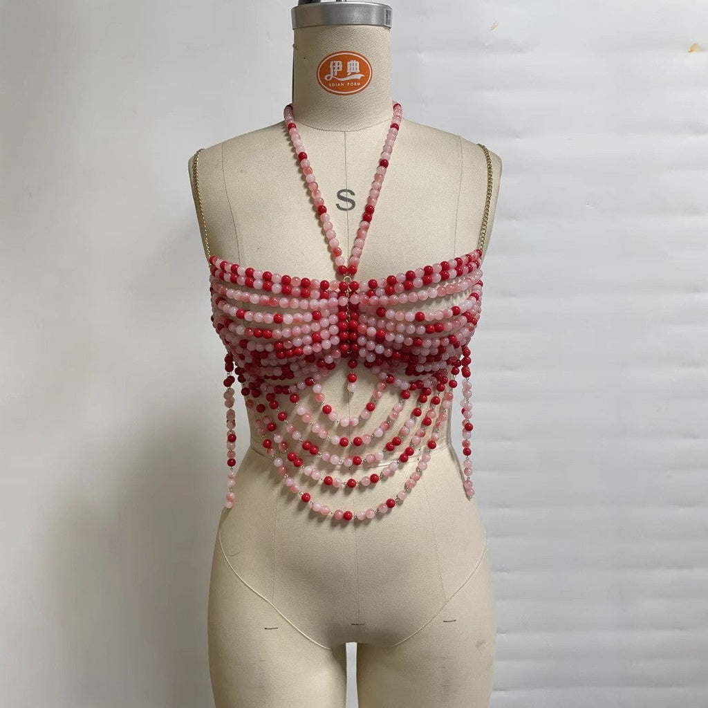 Multi Layer Pearl Sexy Bra Backless Halter Hollow Out Cutout out Camisole