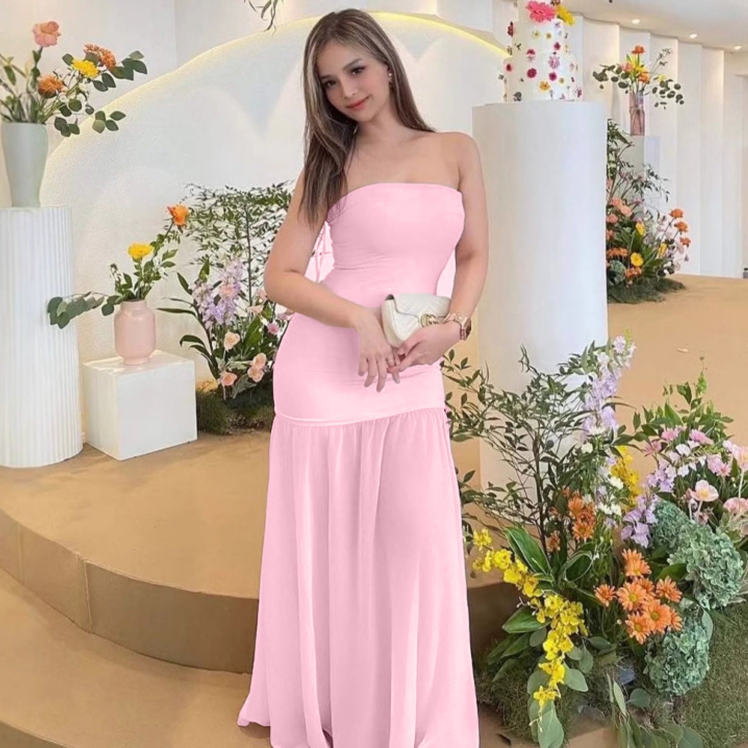 Summer Women Clothing Sexy Elegant Stitching Mesh Tube Top Slimming Dress