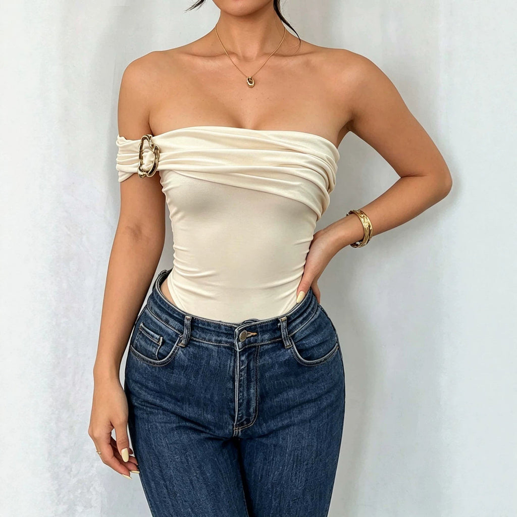 Elegant off Shoulder Jumpsuit Pleated Metal Buckle Waist Tight Figure Flattering Jumpsuit