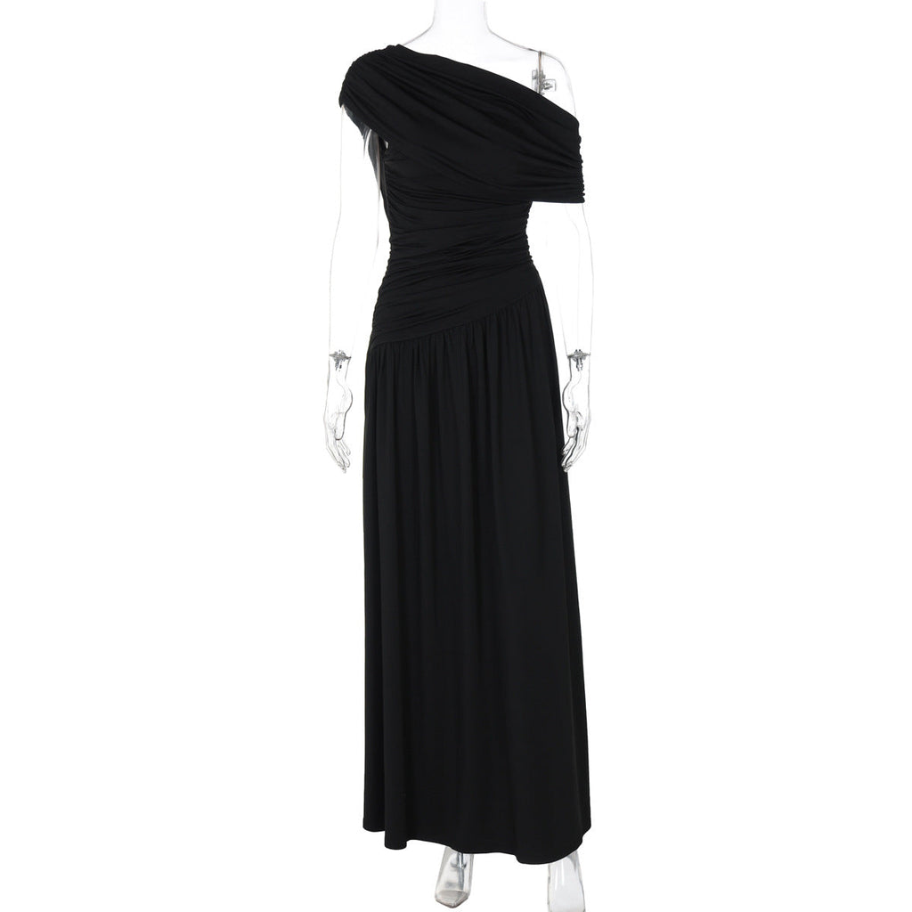 Women Clothing Spring Arrival Fashionable Sexy Diagonal Collar Pleated Asymmetrical Solid Color Dress