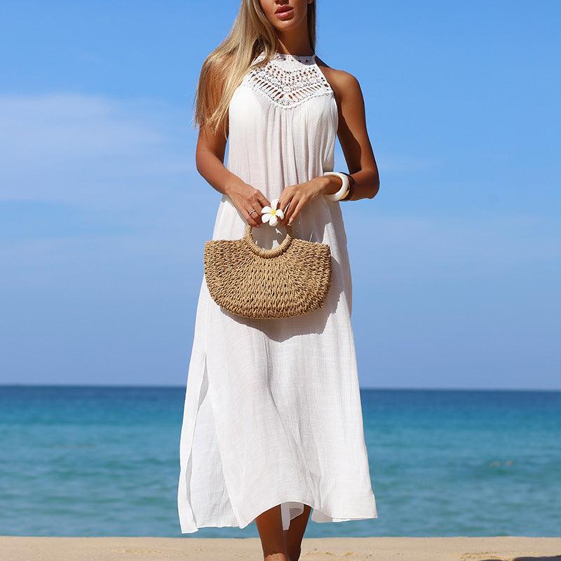Women Clothing Holiday Beach Hand Crocheting Stitching Suspender Sexy Side Split Sun Protection Long Smock Dress