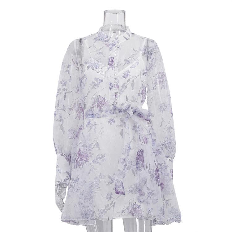 Women Elegant Stand Collar Long Sleeve Lace Printing A line Cami Dress