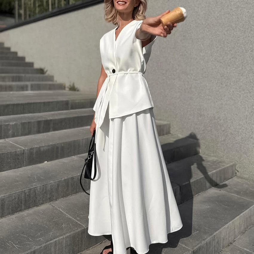 White Short Sleeved Lace up Women Design Waistcoat Mid Length White Shirt A line Skirt Two Piece Set