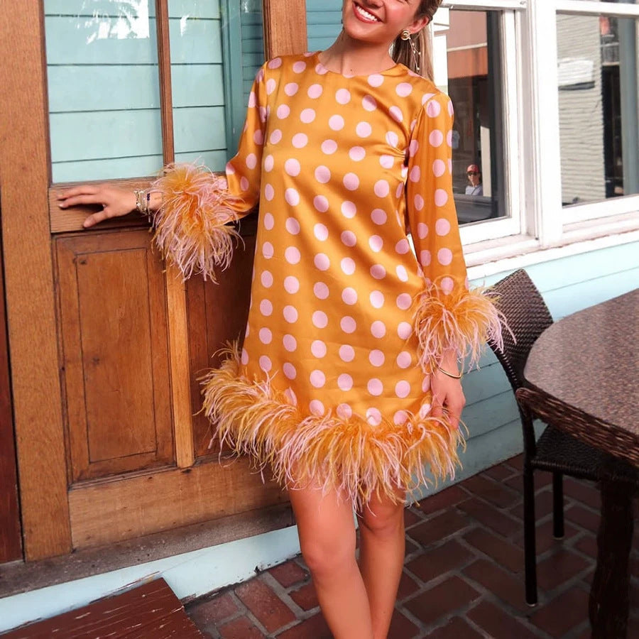 Spring Summer Satin Printed Long Sleeved Dress Loose Vacation Women Dress