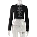 Women Clothing Street Metal Ring Hollow Out Cutout round Neck Long Sleeve Solid Color Top Cool Handsome