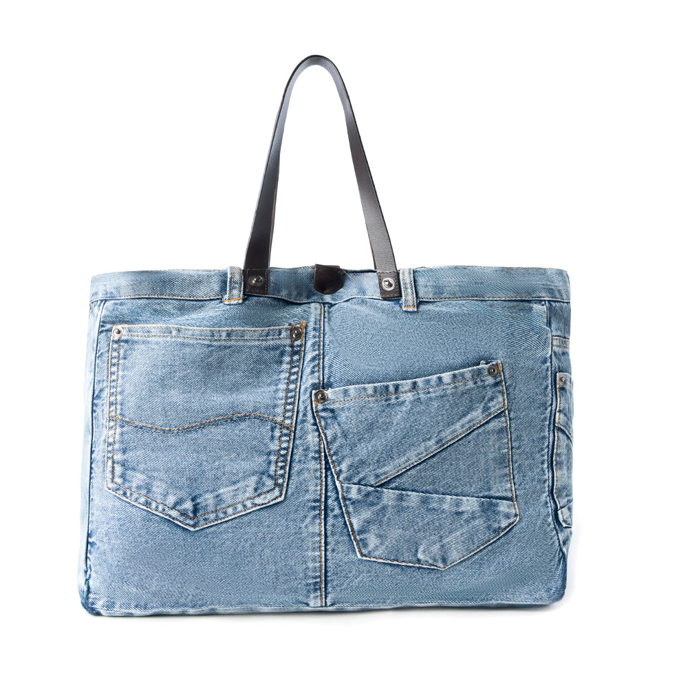 Myra Billyjean Western denim Tote Bag for Women in denim blue with leather detail