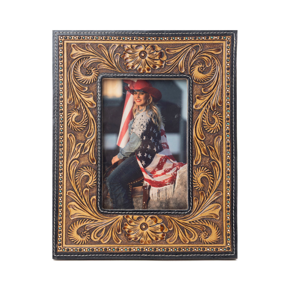Myra Bordertown Handtooled Leather Photo Frame in brown, premium western home décor