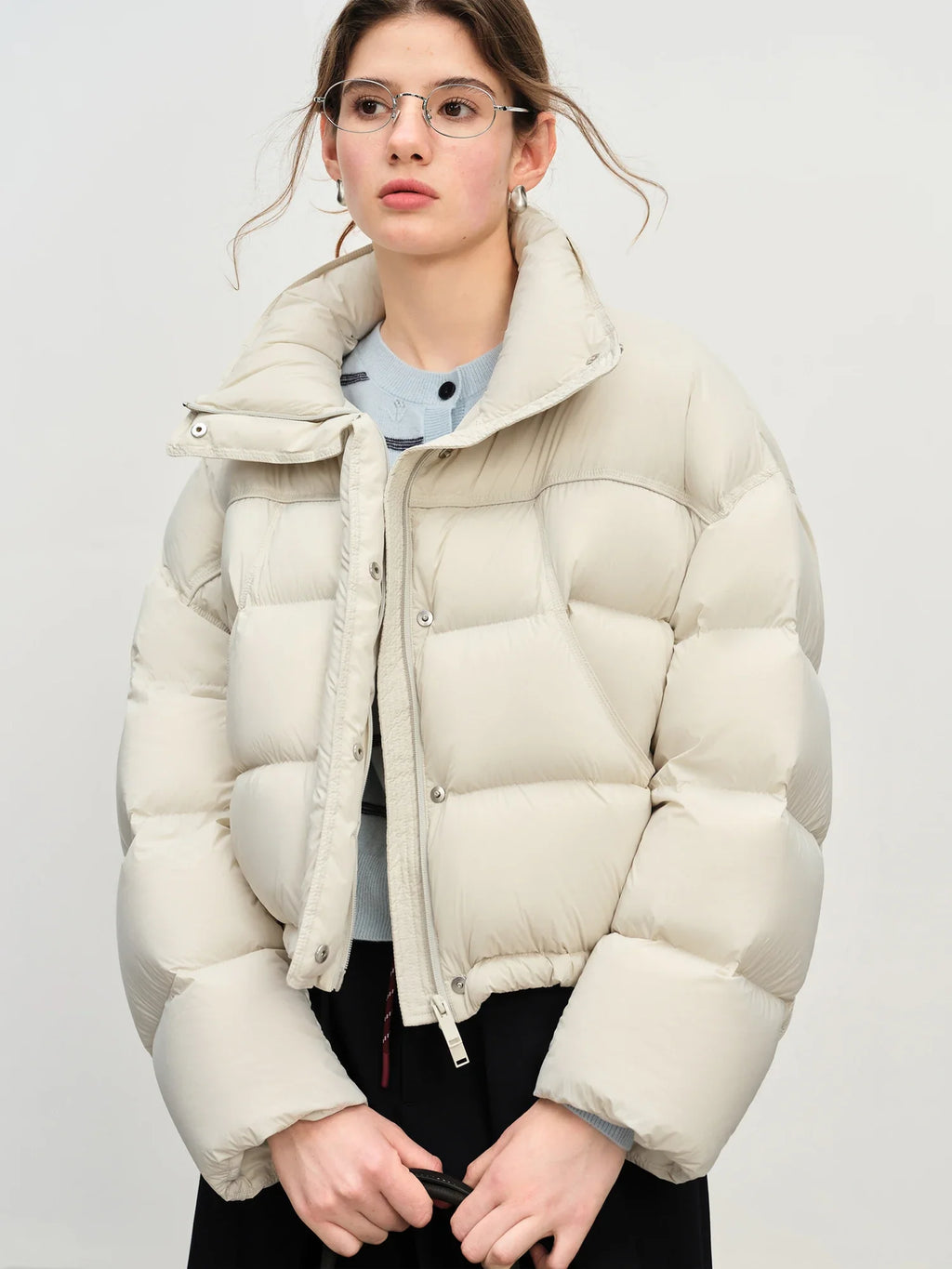 FSLE Winter 2025 Women Cloud-Like Puffer Coat - Stand Collar Short Down Jacket Lazy Chic Style Glossy Finish for Casual Comfort