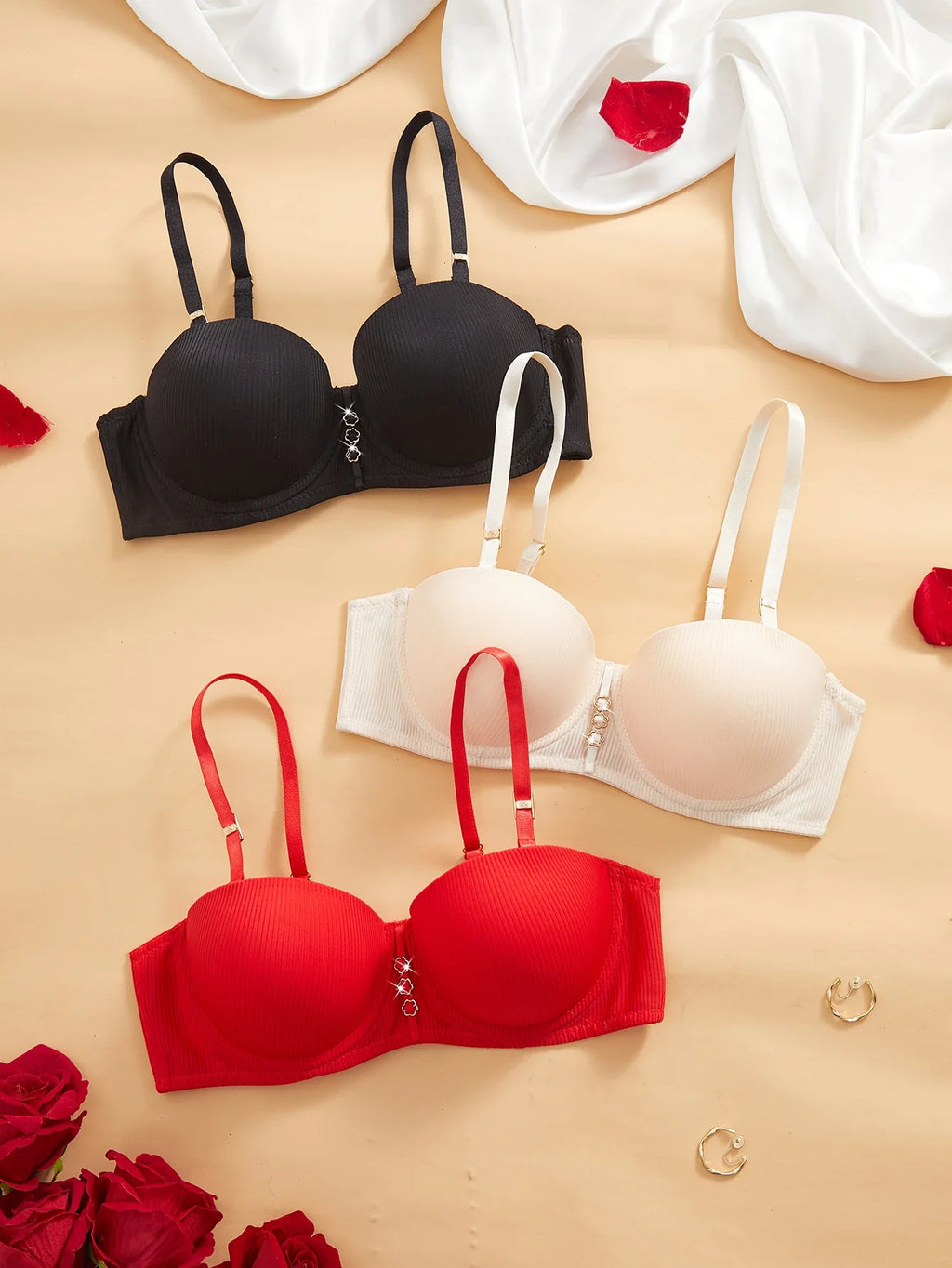 3Pcs Half-Cup Elegant Ribbed Women's Underwear Set Luxury Sexy Bras Solid Underwire Push-Up Bra Comfortable Everyday Bra