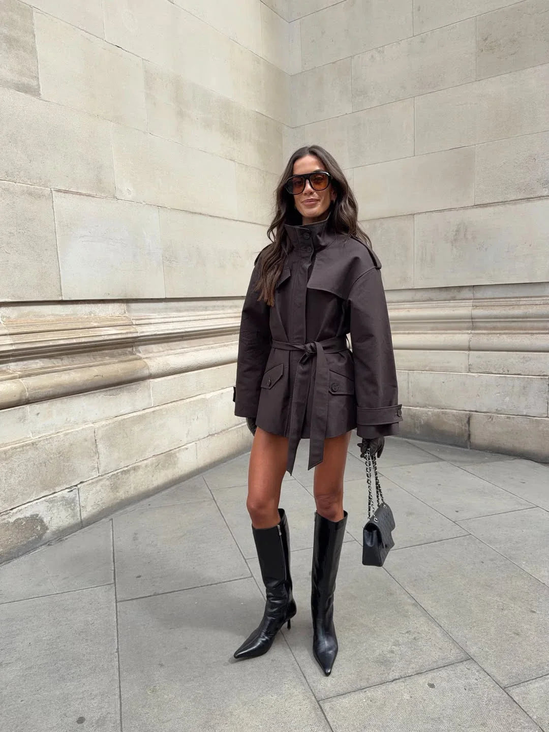 Solid Women's Trench Jacket Commute Stand Collar Long Sleeve Windbreaker With Lace Up Pocket 2026 New Autumn Street Lady Jackets