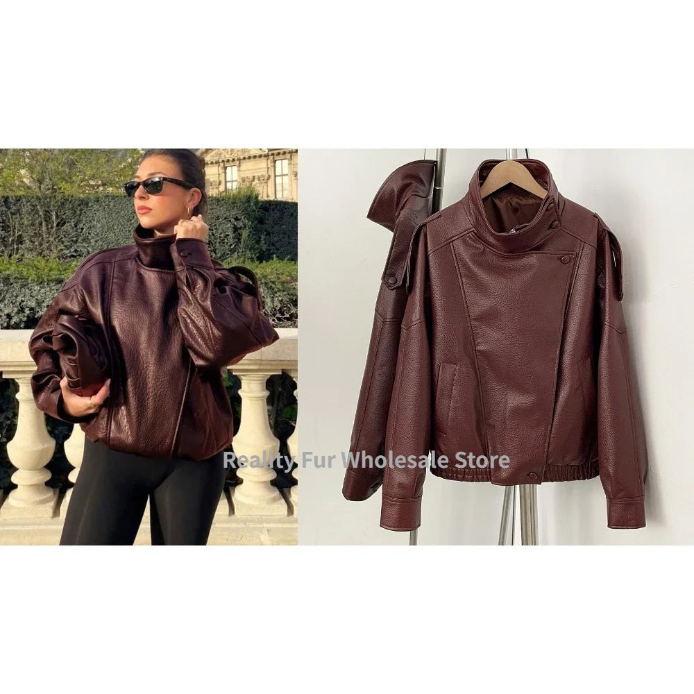 Fake leather Coat Women Y2k Faux Leather Jacket New Casual PU Jacket Motorcycle Style Leather Jacket Pebble Fall Personality