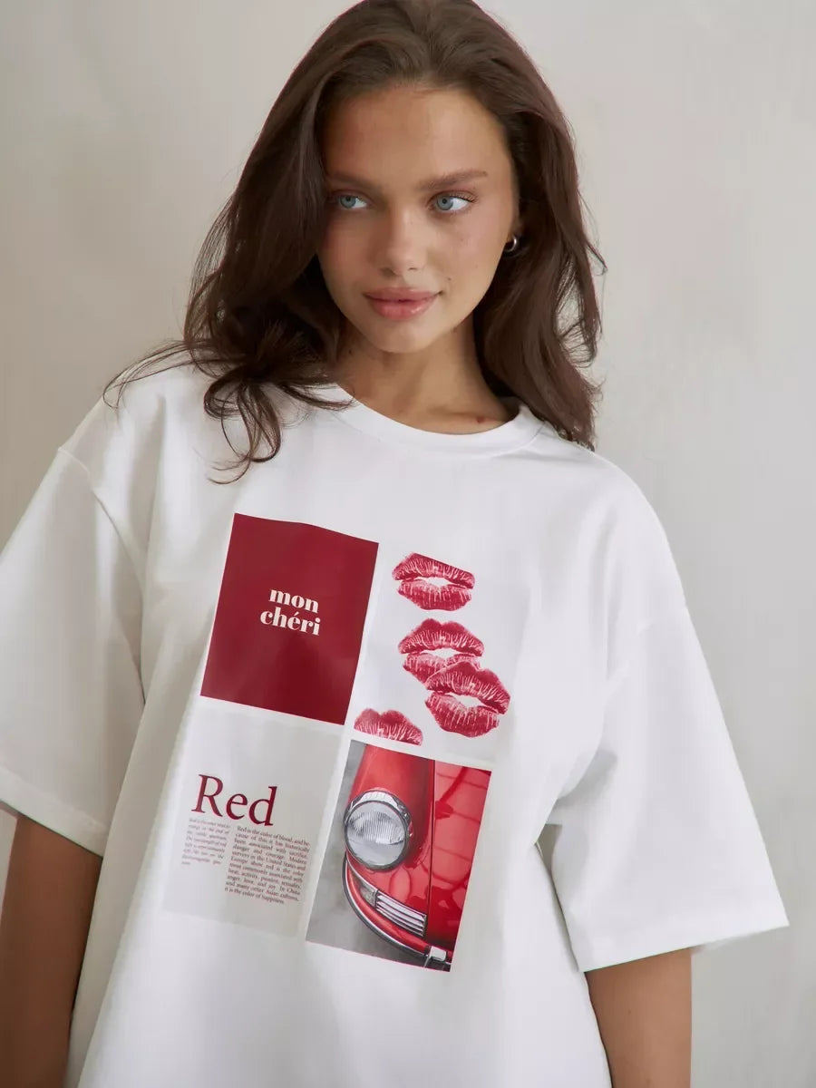 European American Hot Girl American Y2K Design Printed T-shirt Summer Women Ins Pure Cotton High Street Retro Short-sleeved Top