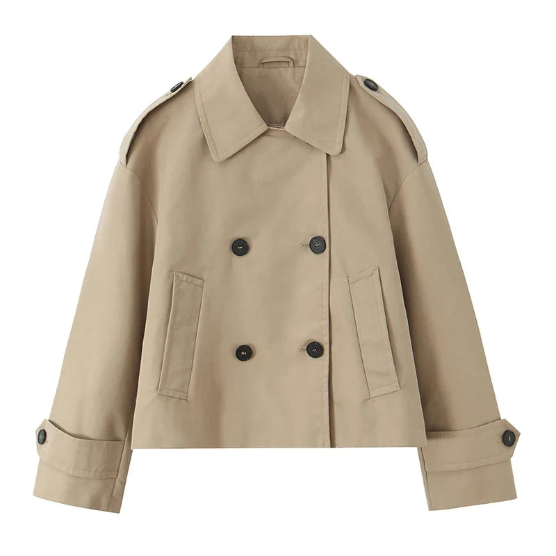 Willshela Women Fashion Khaki Double Breasted Short Trench Jacket Vintage Notched Neck Long Sleeve Female Chic Lady Coat Outfits