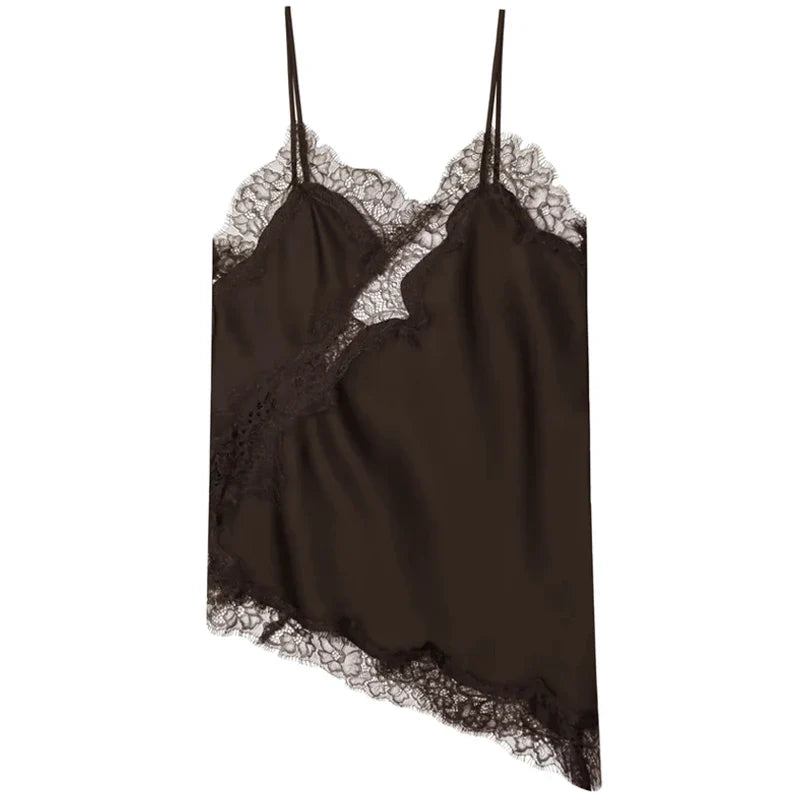 HXAO Y2K Asymmetrical Slip Lace Top Women Sexy Tanks & Camis Satin Off Shoulder Sleeveless Backless Tops Street Style Camisoles
