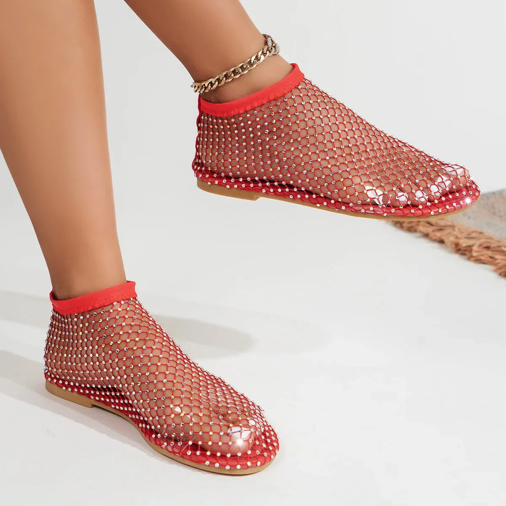 Luxury brand Women's New Round Toe Flat Bottom Slippers Hollow Short Boots Water Diamond Sexy Flat Bottom Banquet  Sandals