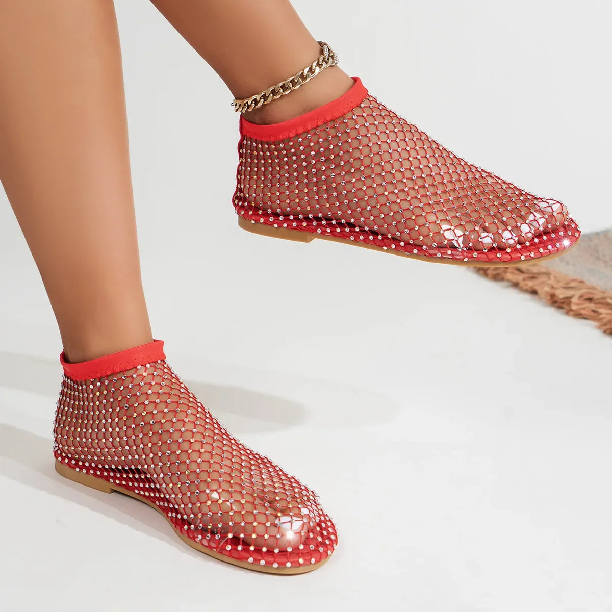 Luxury brand Women's New Round Toe Flat Bottom Slippers Hollow Short Boots Water Diamond Sexy Flat Bottom Banquet  Sandals