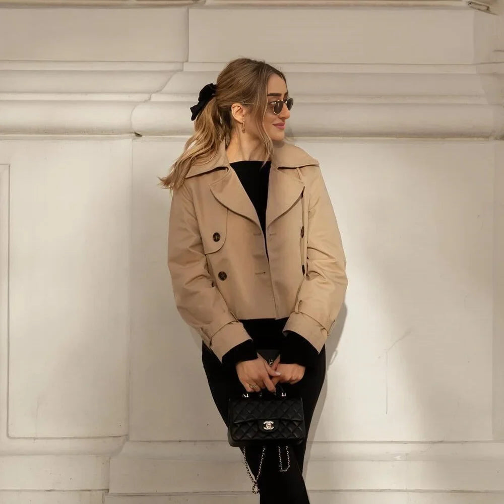 Ladies Vintage Cropped Trench Spring Autumn Jacket Women Streetwear Double Breasted Long Sleeve Top Female Chic Coat Outfits